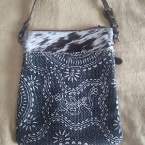 Myra Bag Black and White Crossbody with Brown Accents
